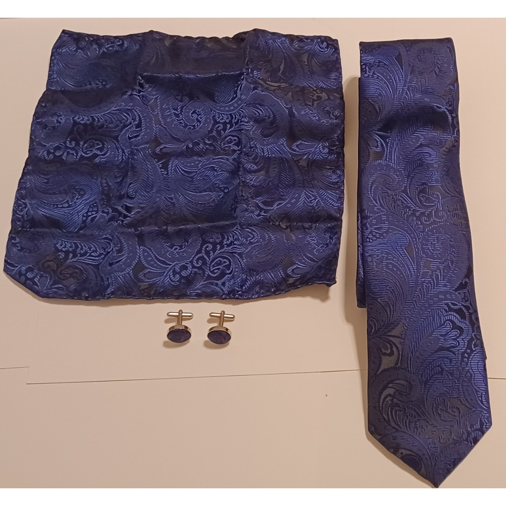 NEW DiBanGu Dark Blue Paisley Silk Dress Tie Necktie Handkerchief Cufflink Set